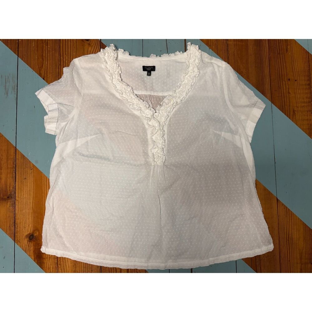 Talbots Woman White Swiss Dot Ruffle Trim Blouse Top Women’s 16W Cottagecore